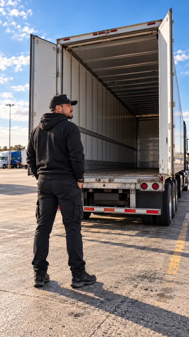 Chofer revisando la caja del tráiler en el dock